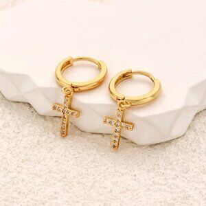 Stainless Steel Gold Rhinestone Cross Dangle Hoop Earrings Men Women NWT